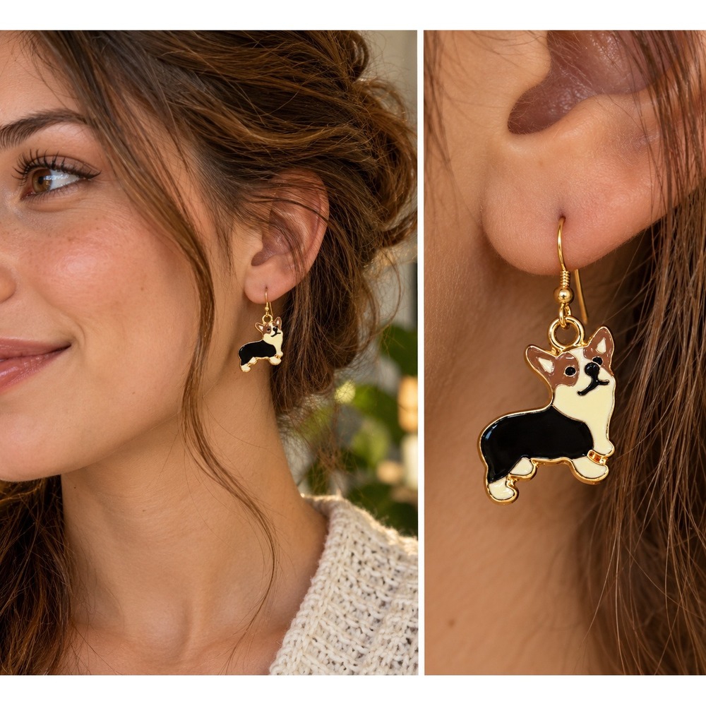 NWT Badkat Beadworks Corgi Earrings Women Black Gold Enamel Dog Dangle Dog Lover